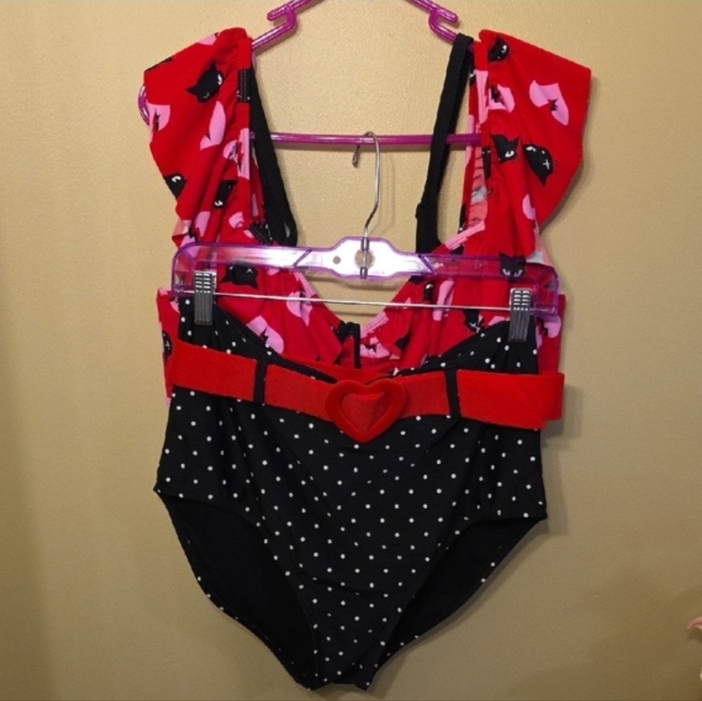 Unique Vintage Red Top w/Black Cat & Pink Heart Print Bikini, Emily the Strange - Picture 12 of 16